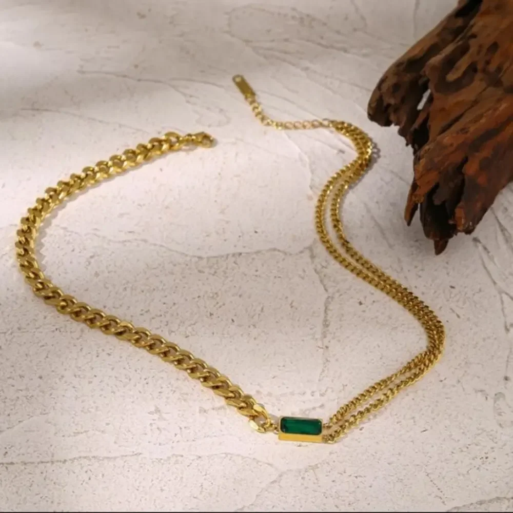 Emerald Green Gold Zircon Matching Chain Link Necklace Bracelet Earrings Set